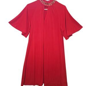 Michael Kors Red Baby Doll Sheath Dress Gold Studded Choker Mock Neck Large